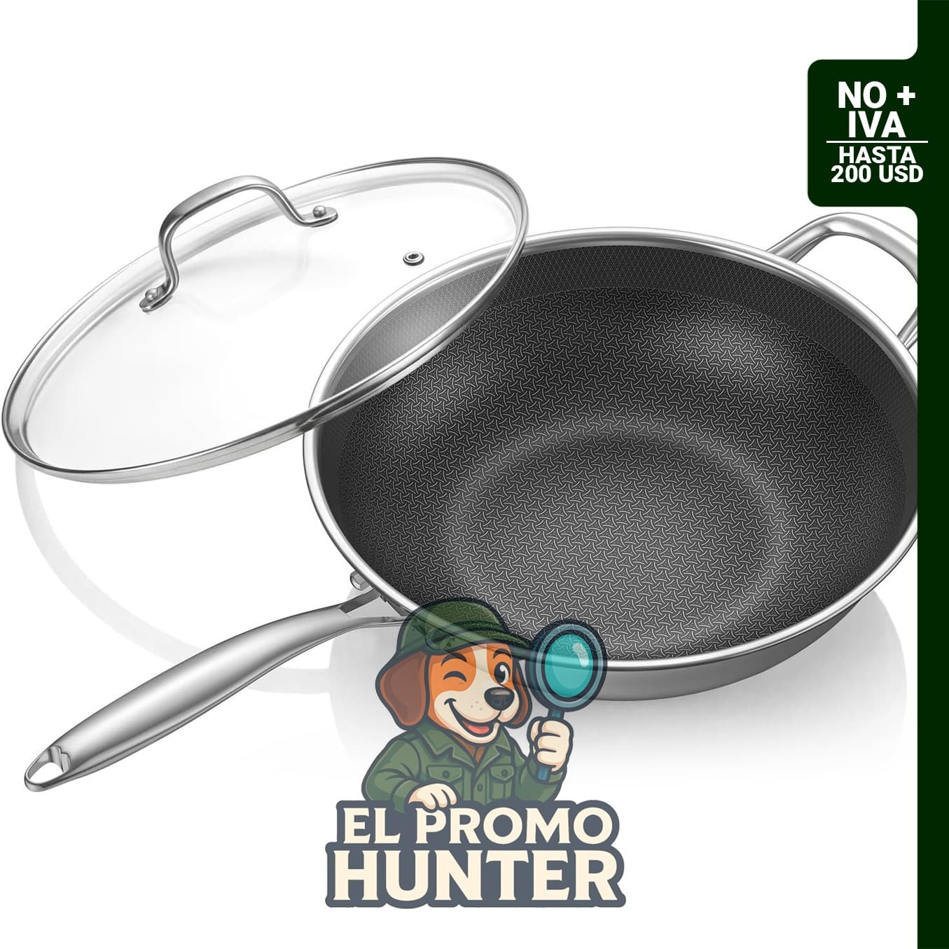 Sartén híbrida Uven Traoqq de acero inoxidable de 12.5" (30.5 cm) con tapa, antiadherente, sin PFOA, apta para inducción y horno.