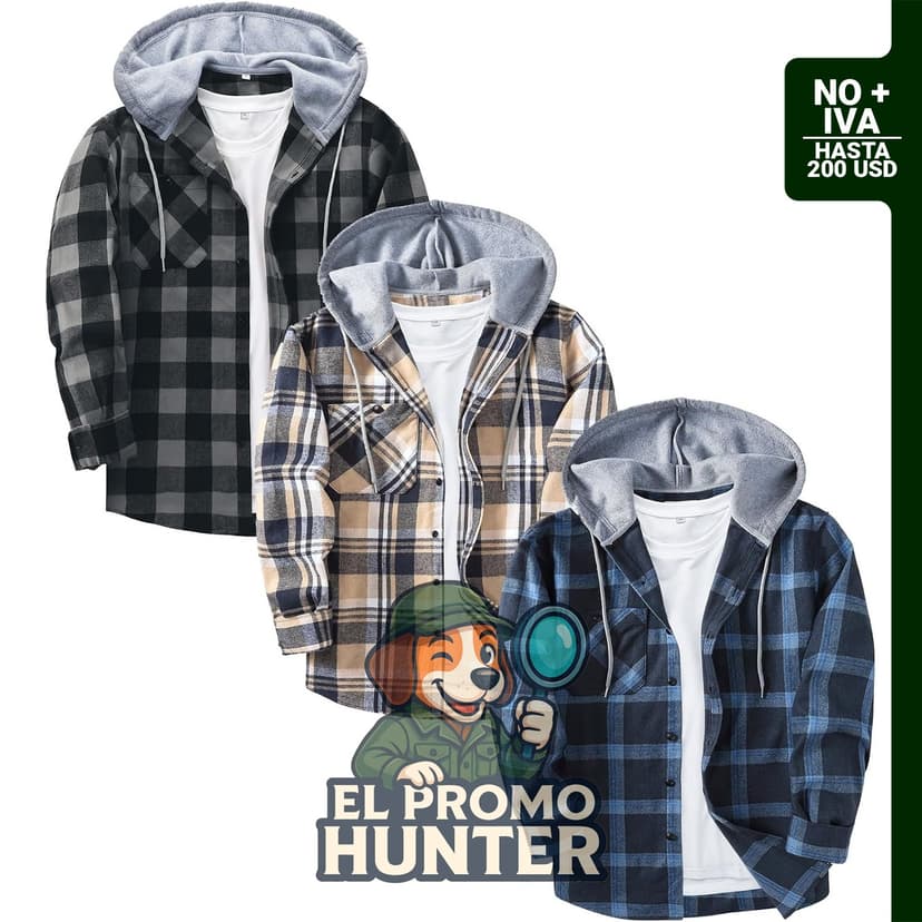 ZITY paquete de 3 camisas de franela con capucha para hombre, manga larga, tipo chaqueta con bolsillo.
