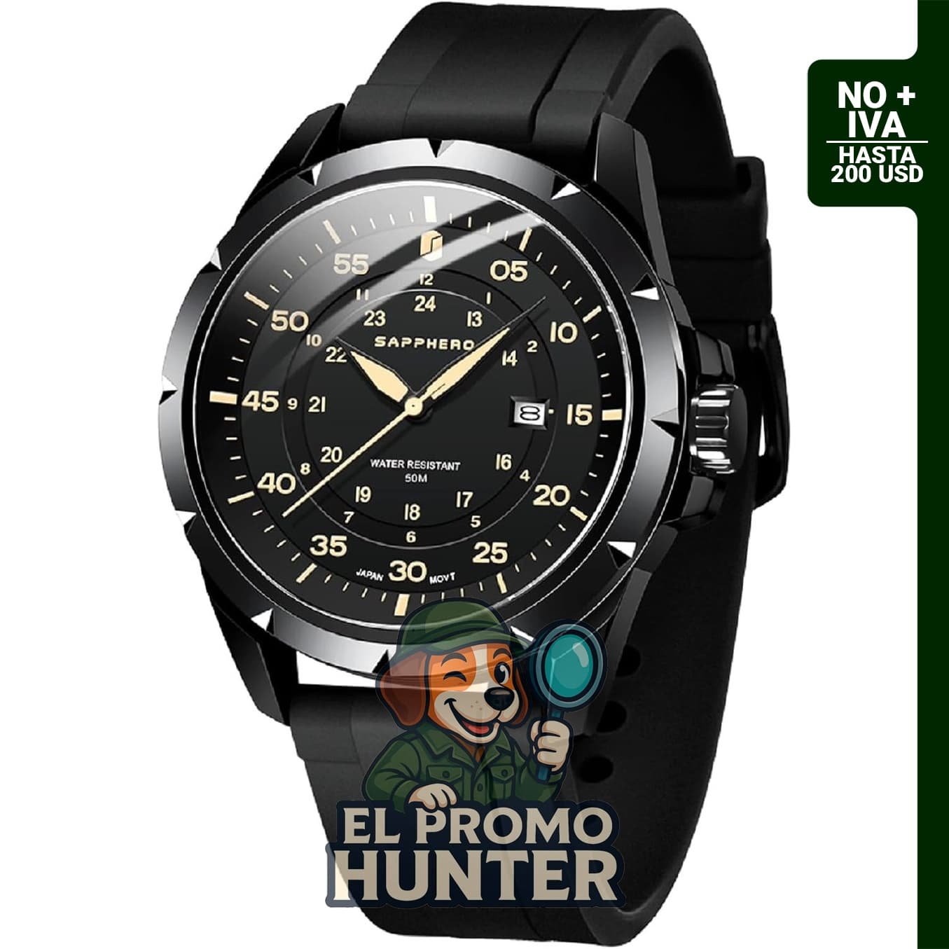 SAPPHERO Reloj analógico de cuarzo luminoso para hombre, resistente al agua hasta 50 m, con fecha y correa de silicona.