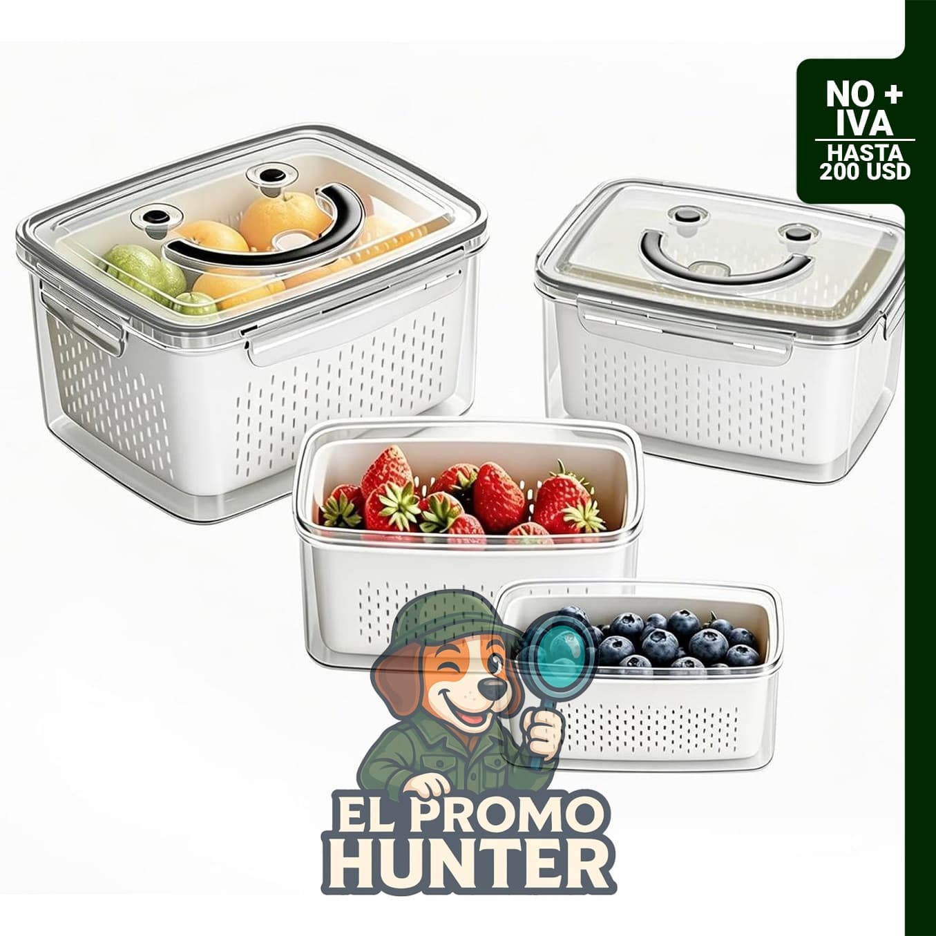 YudouTech 4 recipientes de almacenamiento de frutas, aptos para microondas y lavavajillas, incluyen colador extraíble.