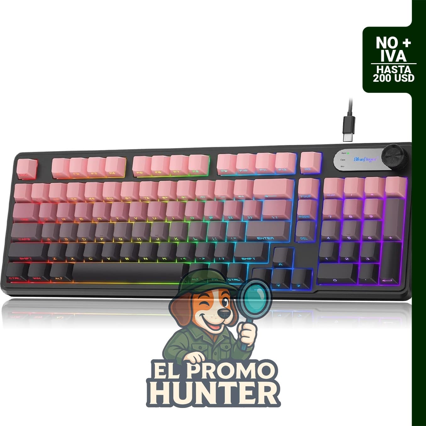 BlueFinger Teclado RGB para juegos, teclado USB con cable de 98 teclas, retroiluminación arcoíris y perilla de volumen.