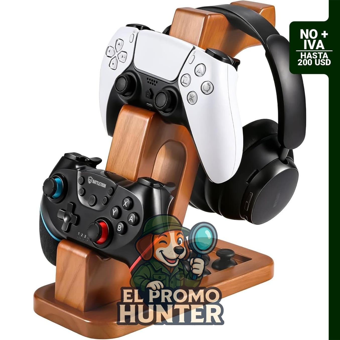 Soporte para auriculares de madera maciza DEQIANG con soporte para dos controladores, compatible con PS4, PS5 y Xbox.