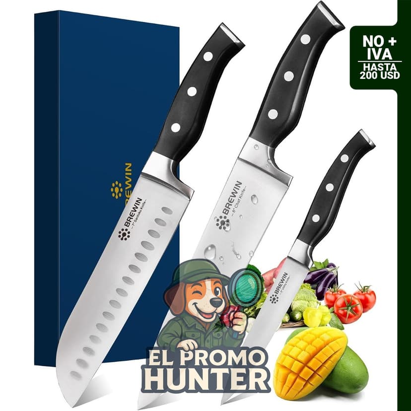Juego de cuchillos de cocina Brewin de 3 piezas, acero inoxidable de alto carbono.