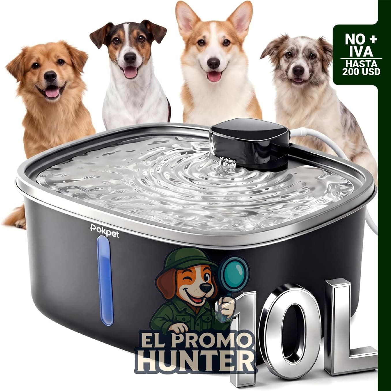 Fuente de agua para perros de acero inoxidable, capacidad de 10 L (2.64 galones), con filtrado y depósito de plástico.