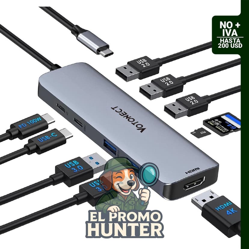 Hub USB C 10 en 1 con adaptador HDMI 4K, lector de tarjetas SD/TF, carga PD de 100 W, 2 puertos USB 3.0 y 3 puertos USB 2.0.