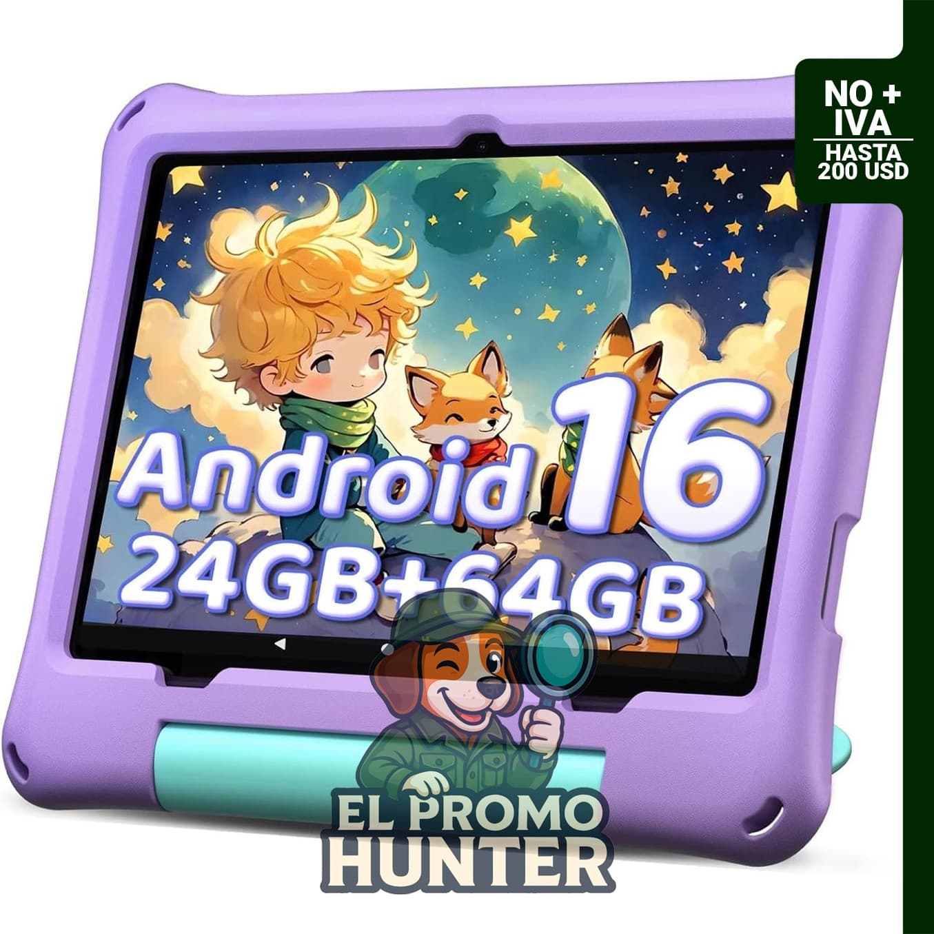 Tablet infantil de 10" con Android 16, CPU Octa-Core, 24 GB de RAM y 64 GB ROM, expandible hasta 1 TB.