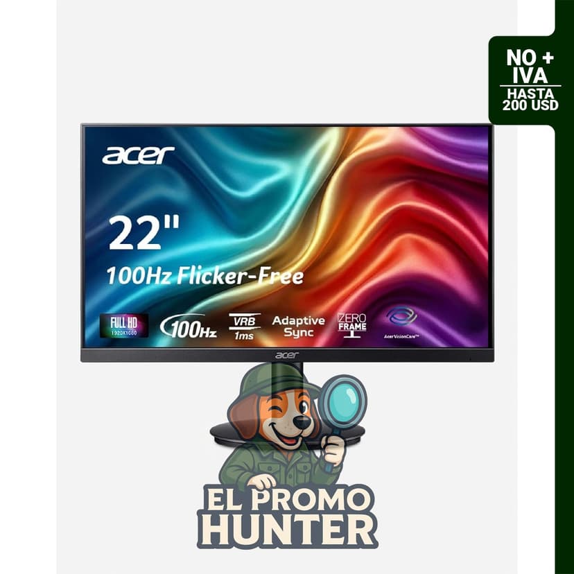 Acer KB220Q H2bi - Monitor de 21.5" (54.6 cm) Full HD (1920 x 1080) sin marco, soporte Adaptive-Sync, hasta 100Hz, 1ms (VRB), sRGB