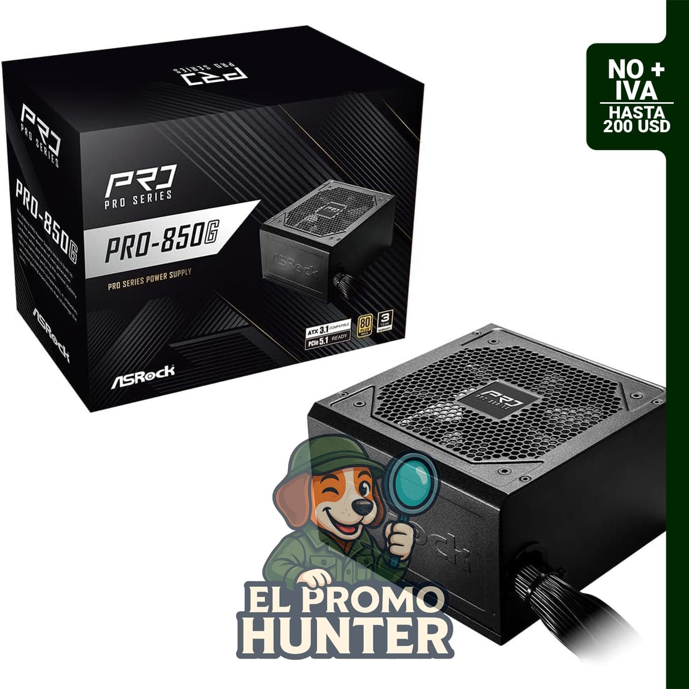 Fuente de alimentación ASRock PRO 850G, 850W, 80 Plus Gold, ATX 3.1, PCIe 5.1, conector 12V-2x6 nativo.