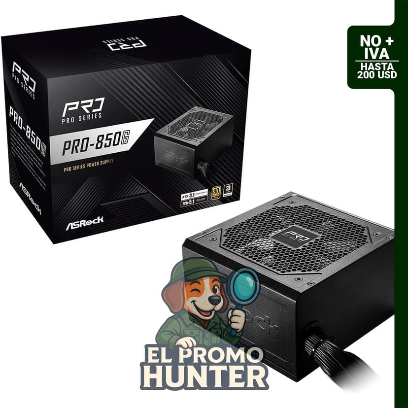 Fuente de alimentación ASRock PRO 850G, 850W, 80 Plus Gold, ATX 3.1, PCIe 5.1, conector 12V-2x6 nativo.