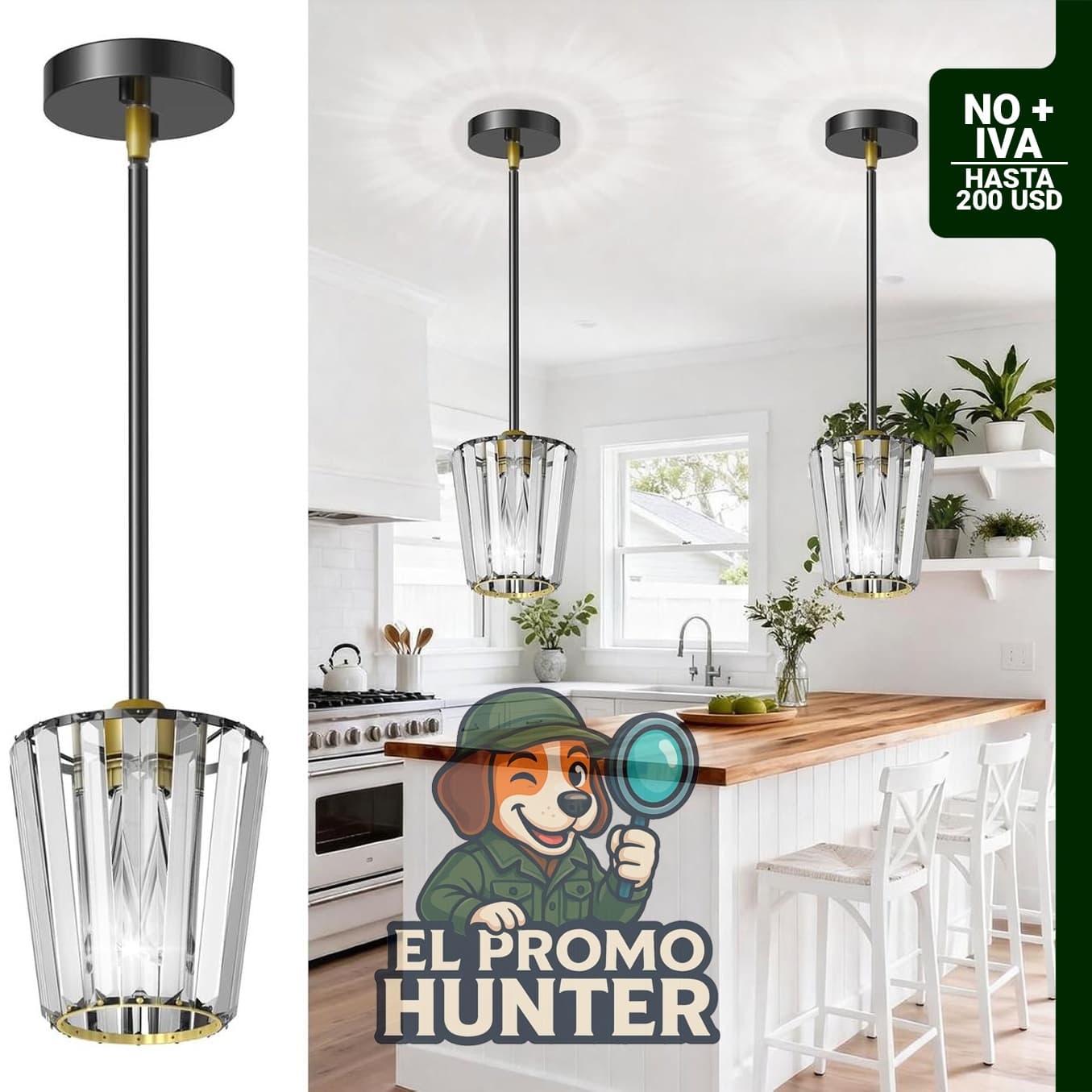 Paquete de 2 luces colgantes de cristal, lámpara colgante negra y dorada, ajustables para isla de cocina.
