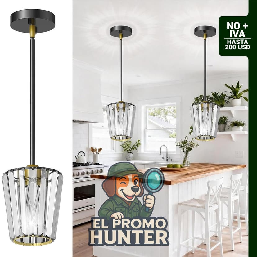 Paquete de 2 luces colgantes de cristal, lámpara colgante negra y dorada, ajustables para isla de cocina.