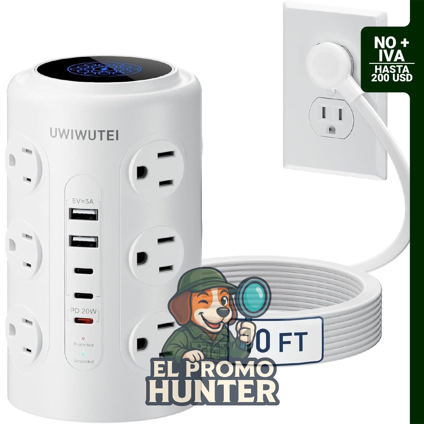 Regleta de alimentación en torre UWIWUTEI de 10 pies con 12 tomas y 5 puertos USB, incluyendo USB-C PD de 20 W.