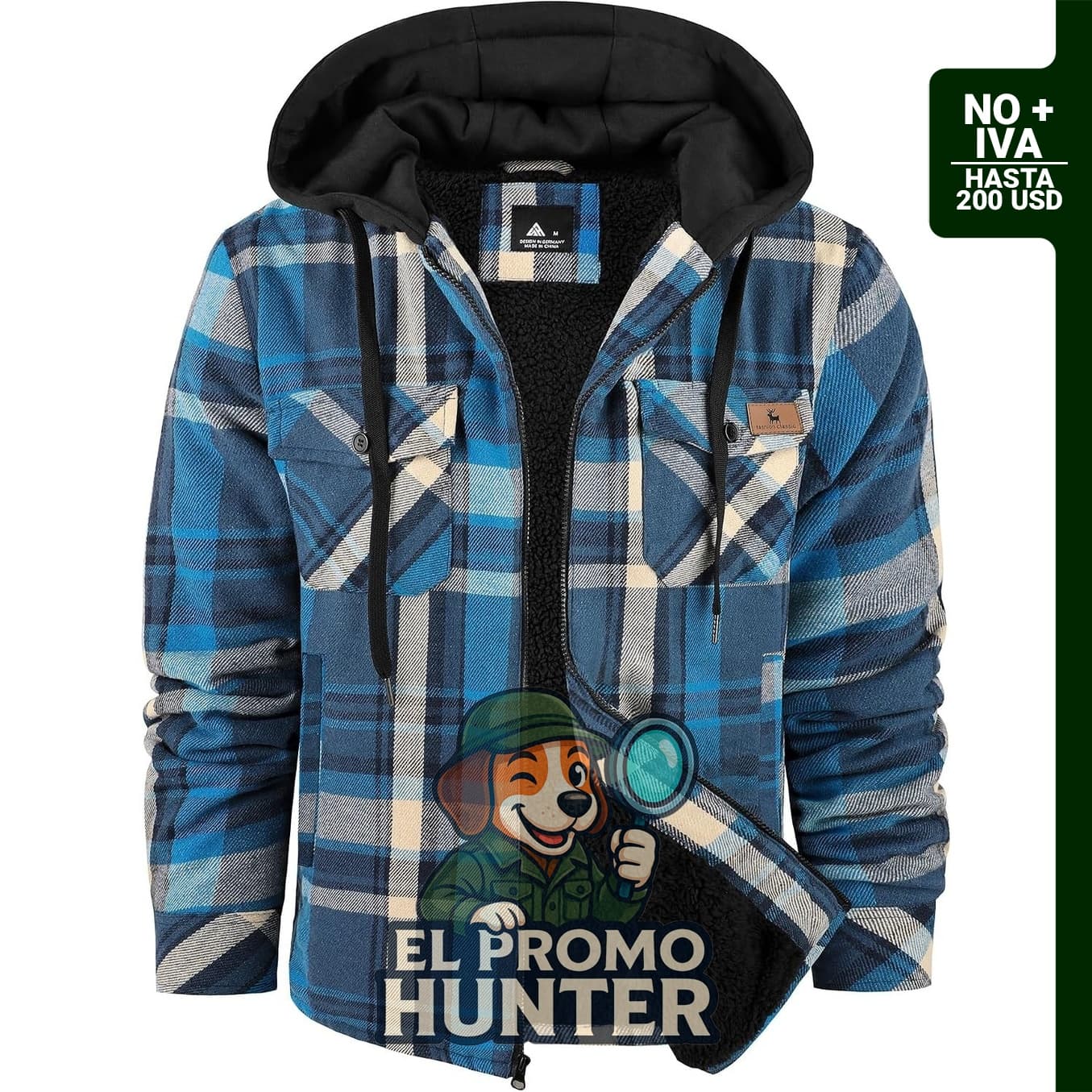 Chaqueta de franela para hombre con forro de sherpa, capucha y cinco bolsillos.