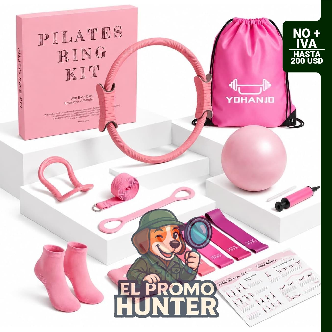 Kit de pilates de 14 piezas para mujer, incluye círculo de pilates y 5 bandas.