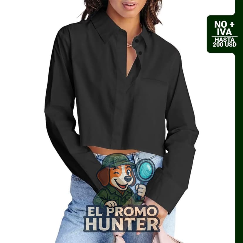 Camisa de manga larga INFINITY para mujer, estilo crop top, de algodón, con botones y solapa.