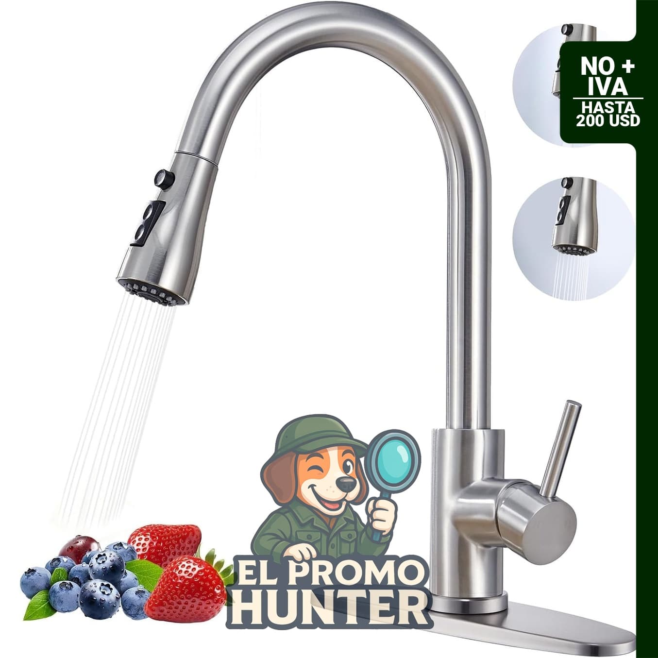 Grifo de cocina de acero inoxidable con rociador extraíble, 360° y 3 modos de funcionamiento.