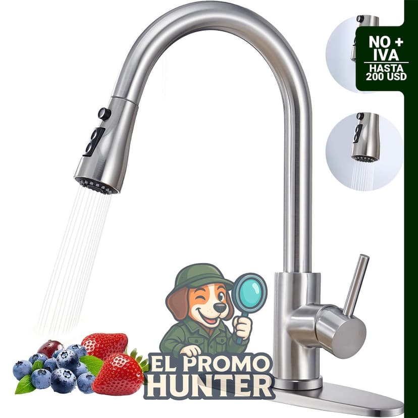 Grifo de cocina de acero inoxidable con rociador extraíble, 360° y 3 modos de funcionamiento.