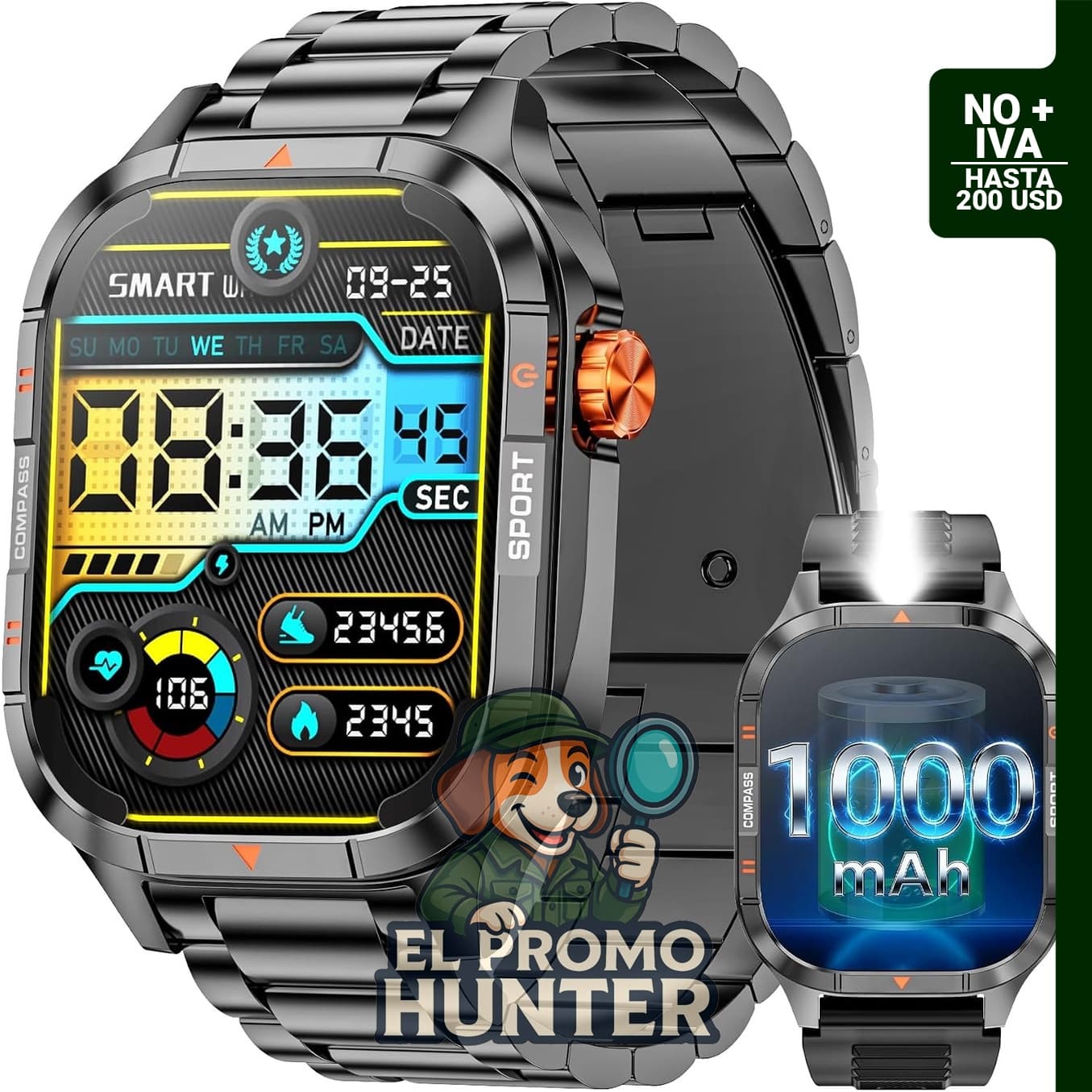 Reloj inteligente militar Mingdaln de 5,1 cm con batería de 1000 mAh y linterna.