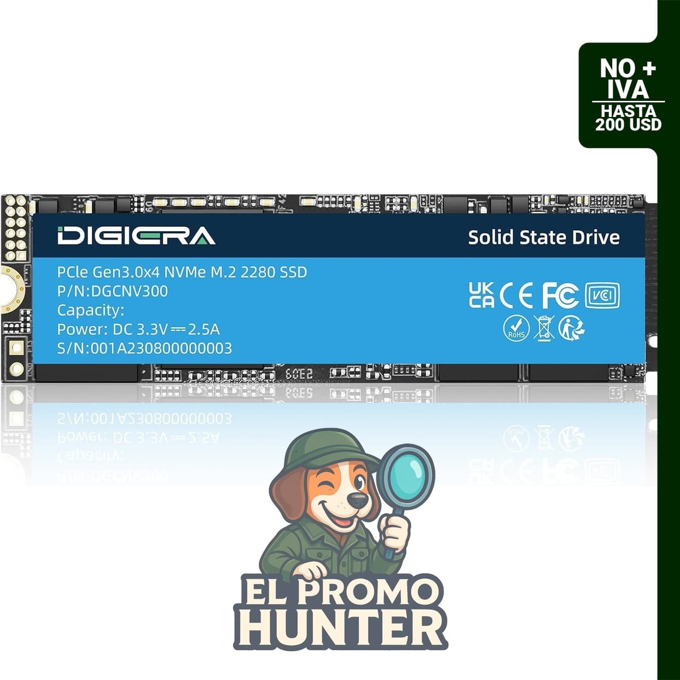 DIGIERA CNV300 SSD interno PCIe Gen 3.0x4 NVMe M.2 2280 de 512 GB, con velocidades de lectura de hasta 3500 MB/s y escritura de 3100 MB/s.