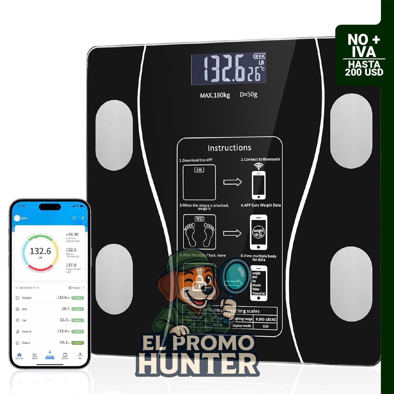 Báscula digital Dnil para peso corporal con Bluetooth, IMC, grasa corporal y masa muscular.