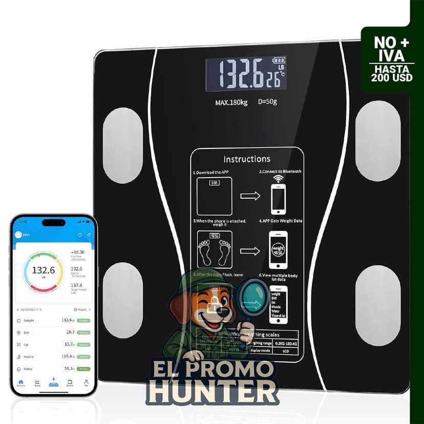 Báscula digital Dnil para peso corporal con Bluetooth, IMC, grasa corporal y masa muscular.