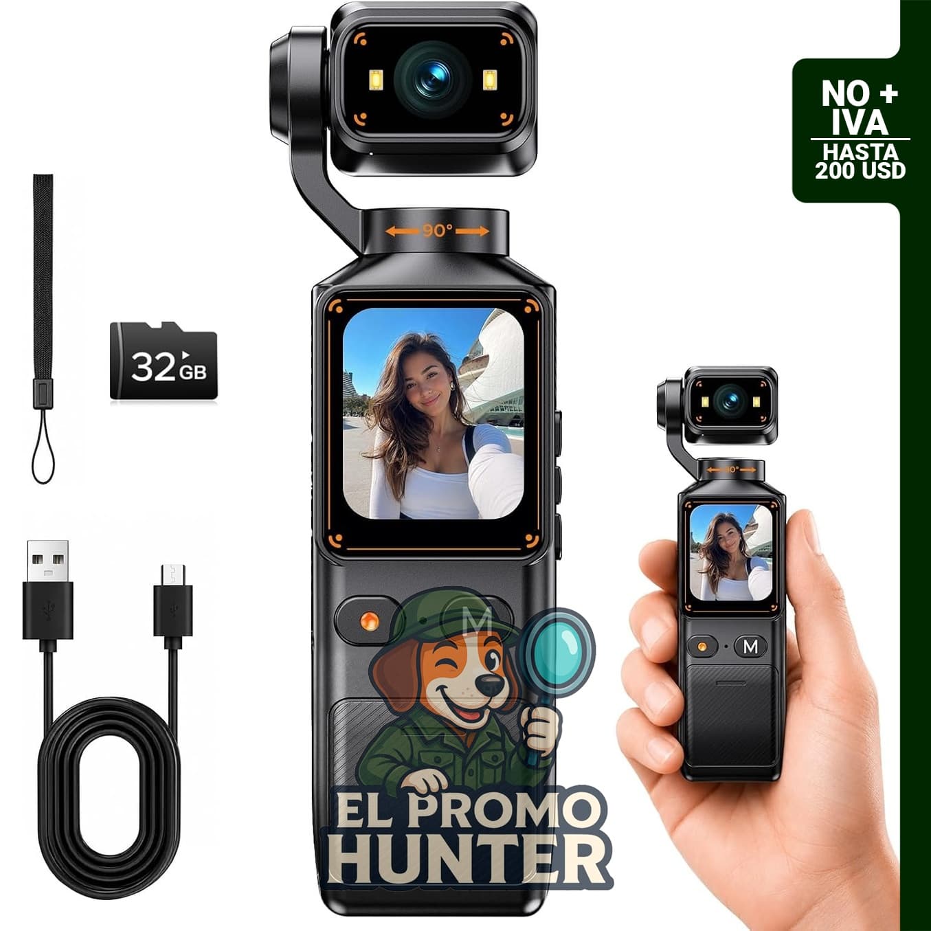 Cámara de vlogging 2K con lente giratoria de 180°, pantalla de 1.69", batería de 7 horas y tarjeta de 32 GB incluida.