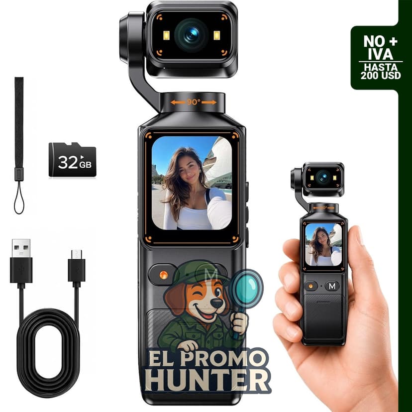 Cámara de vlogging 2K con lente giratoria de 180°, pantalla de 1.69", batería de 7 horas y tarjeta de 32 GB incluida.