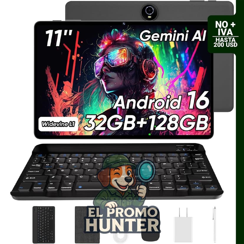 Tablet de 11 pulgadas con teclado, Android, 32 GB de almacenamiento interno, expansión hasta 1 TB.