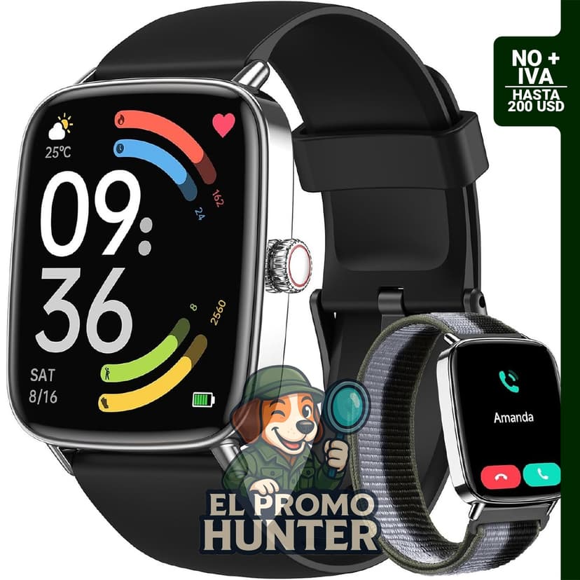 Reloj inteligente con seguimiento de salud y fitness, compatible con iPhone y Android.