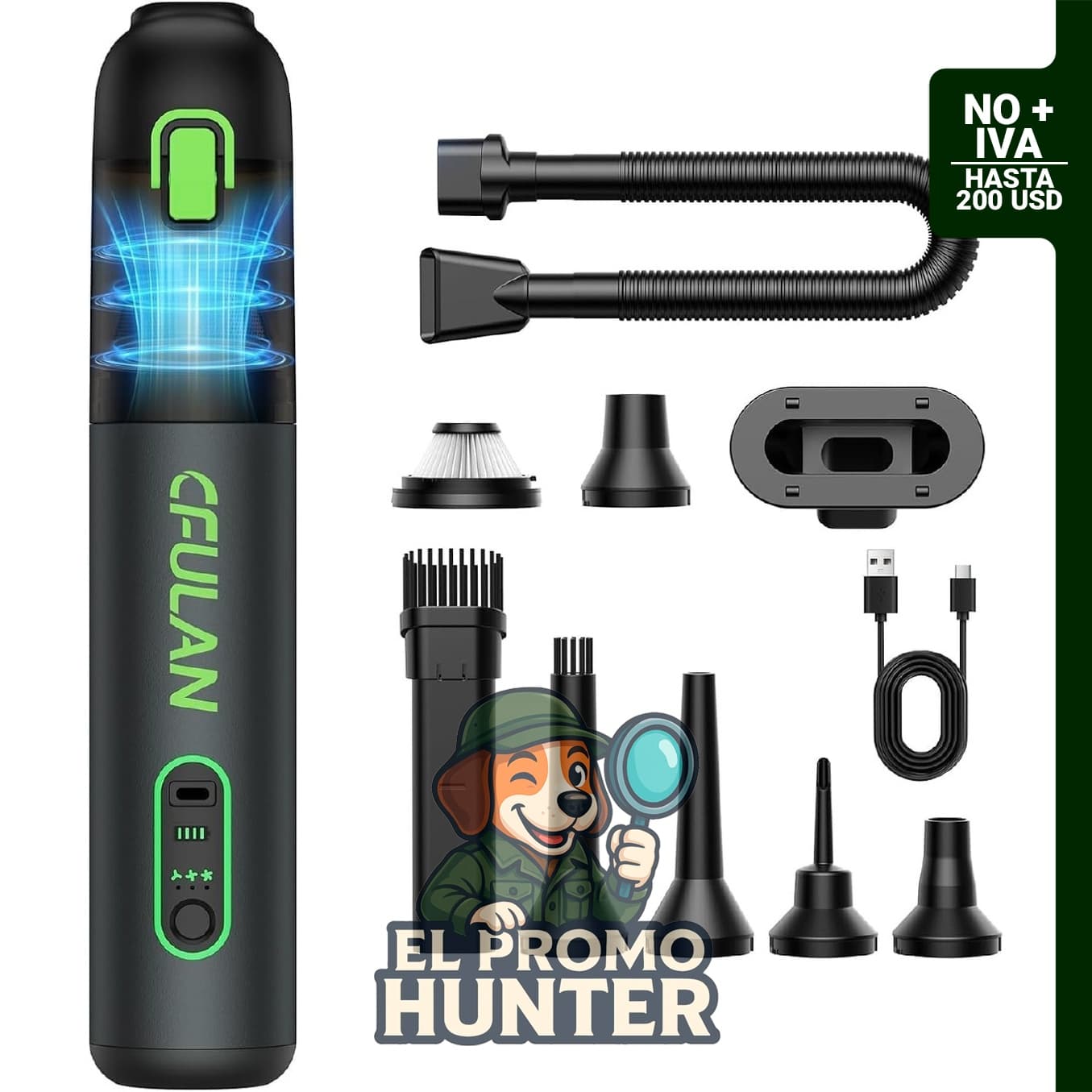 Aspiradora portátil sin cable Cfulan, 21000Pa, 4 en 1, con 8 accesorios y 3 modos de succión.
