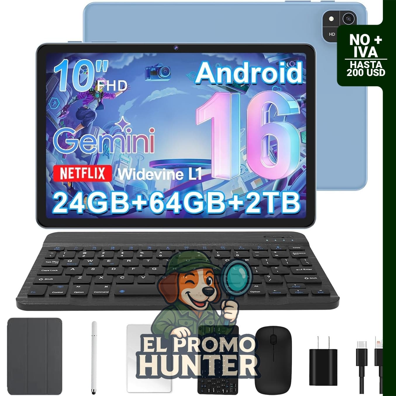 Tablet Android 16, 10 pulgadas, Octa-Core, 24GB RAM, 64GB ROM, expansión hasta 2TB, batería de 6000mAh, WiFi, GPS, cámara dual, Bluetooth 5.0, incluye teclado, funda, ratón y lápiz.