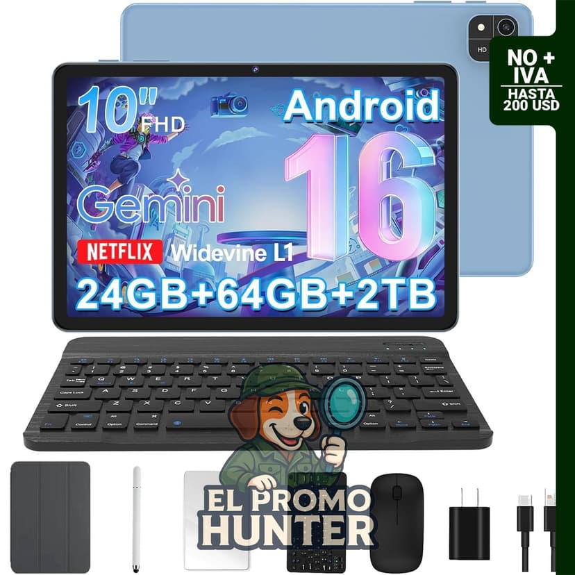 Tablet Android 16, 10 pulgadas, Octa-Core, 24GB RAM, 64GB ROM, expansión hasta 2TB, batería de 6000mAh, WiFi, GPS, cámara dual, Bluetooth 5.0, incluye teclado, funda, ratón y lápiz.