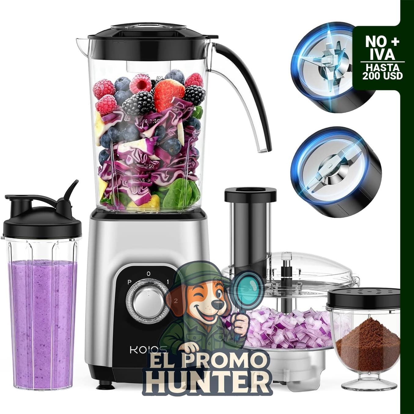 KOIOS Mezcladora/procesador de alimentos Combo Max 1000W, jarra de 34 oz (1 L), taza de mezcla de 22 oz (650 ml), picadora de carne y verduras, molinillo de especias, sin BPA.