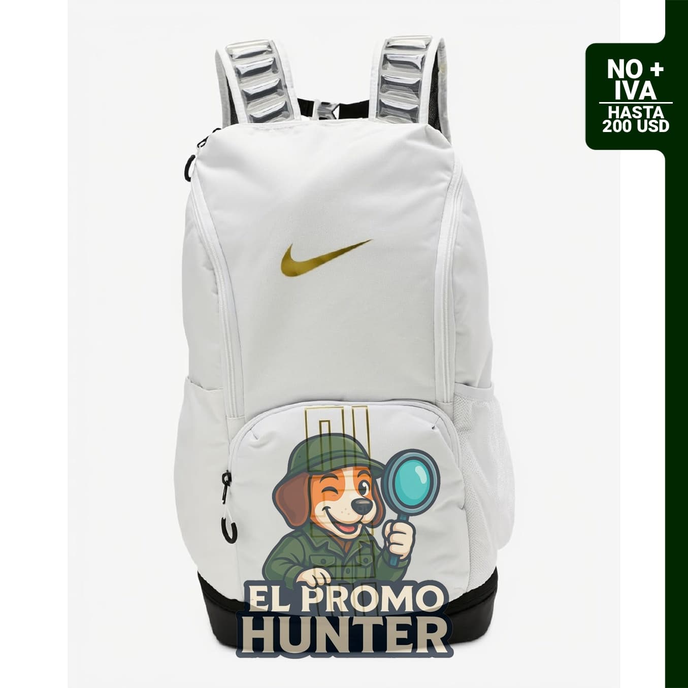 Mochila Nike Varsity Elite de 32L en color Blanco/Negro/Oro Metálico.