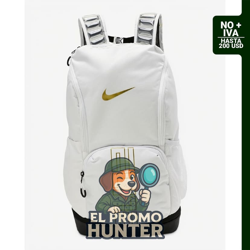 Mochila Nike Varsity Elite de 32L en color Blanco/Negro/Oro Metálico.