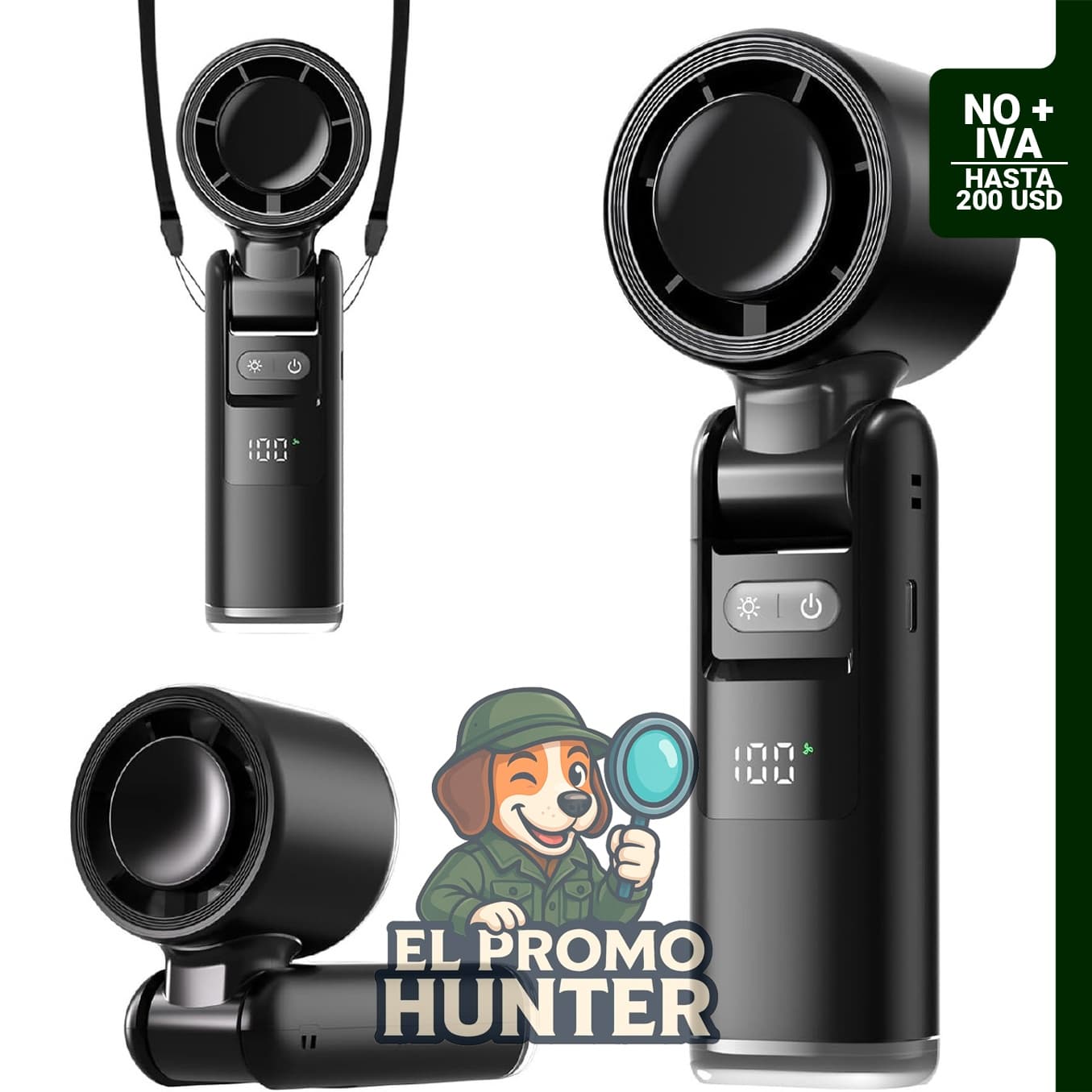 Lerat Ventilador turbo portátil de mano, 5 velocidades, funciona con pilas, hasta 12 horas de funcionamiento, con pantalla LED y linterna.