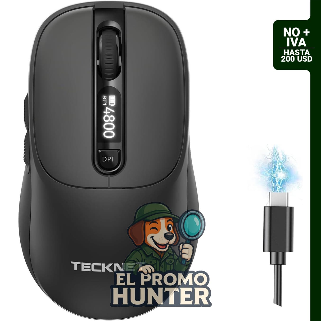 TECKNET Ratón inalámbrico con pantalla LED, conexión BT5.2/BT5.0/2.4G, tipo C recargable, 4800 DPI, clic silencioso.