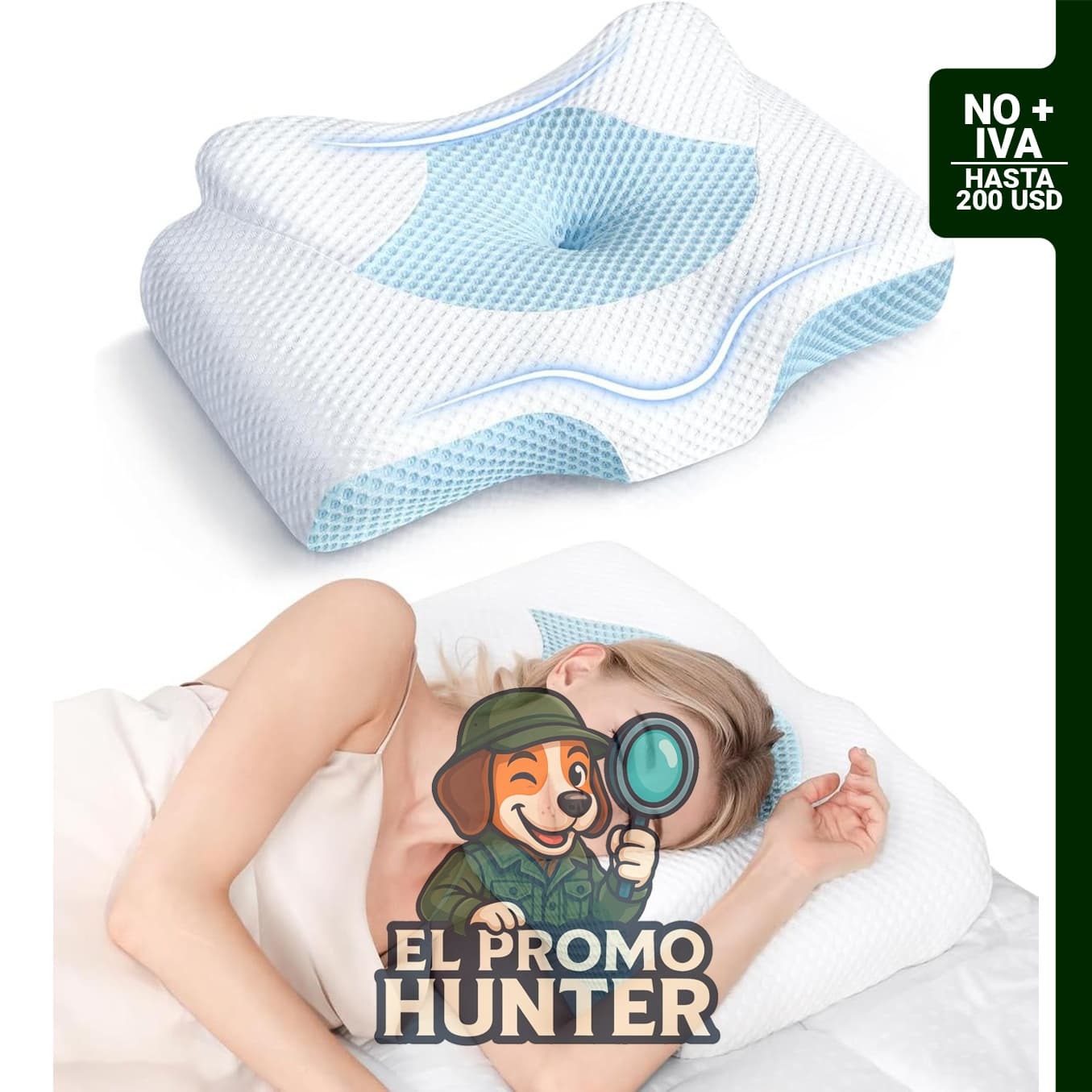 Almohada cervical ortopédica de espuma viscoelástica con diseño hueco y funda refrescante.