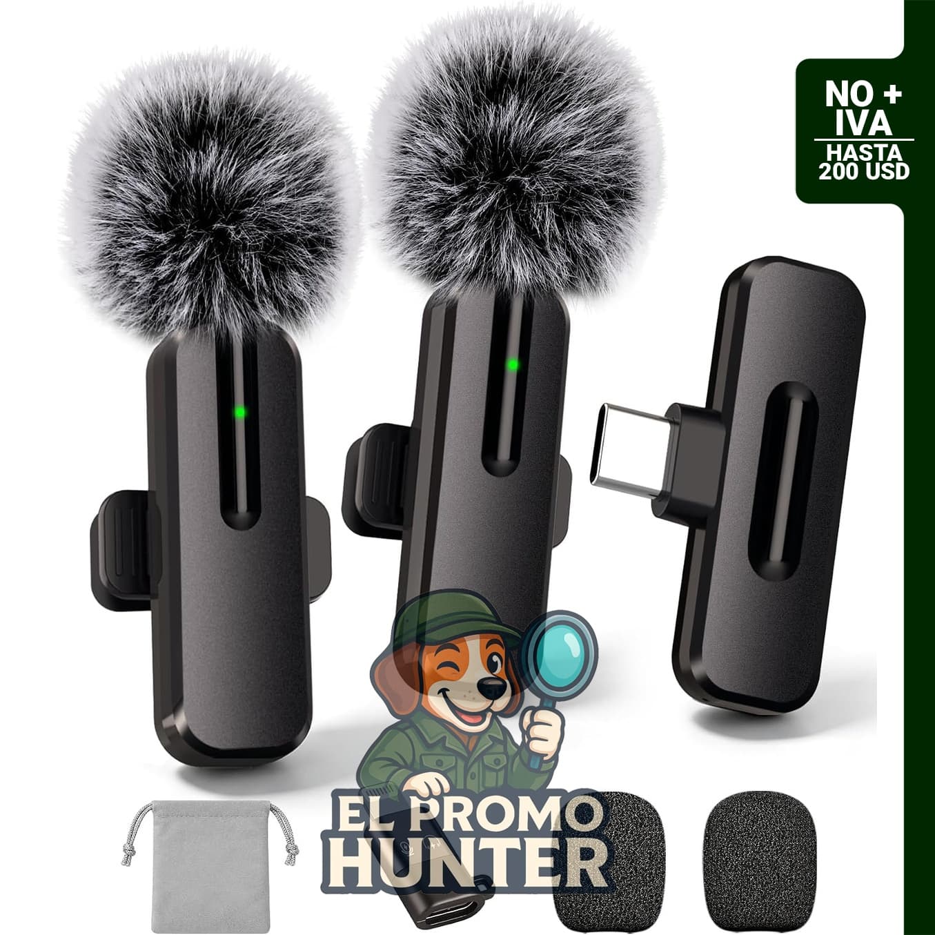 Mini micrófono Lavalier inalámbrico para iPhone y Android, incluye 2 micrófonos con clip y conectores USB-C y Lightning.