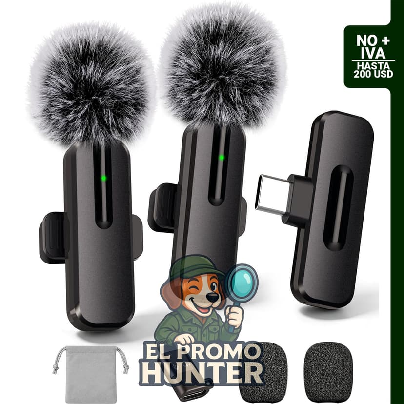 Mini micrófono Lavalier inalámbrico para iPhone y Android, incluye 2 micrófonos con clip y conectores USB-C y Lightning.