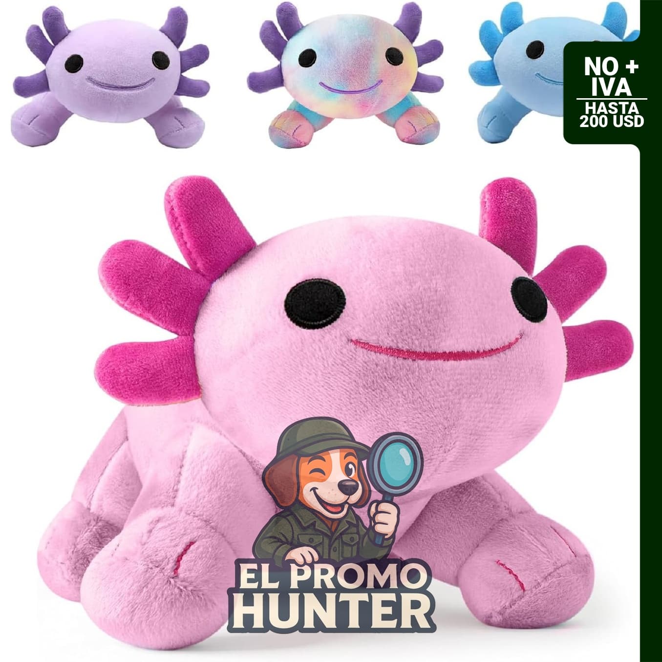 Peluche de ajolote rosa, suave y con diseño sonriente.