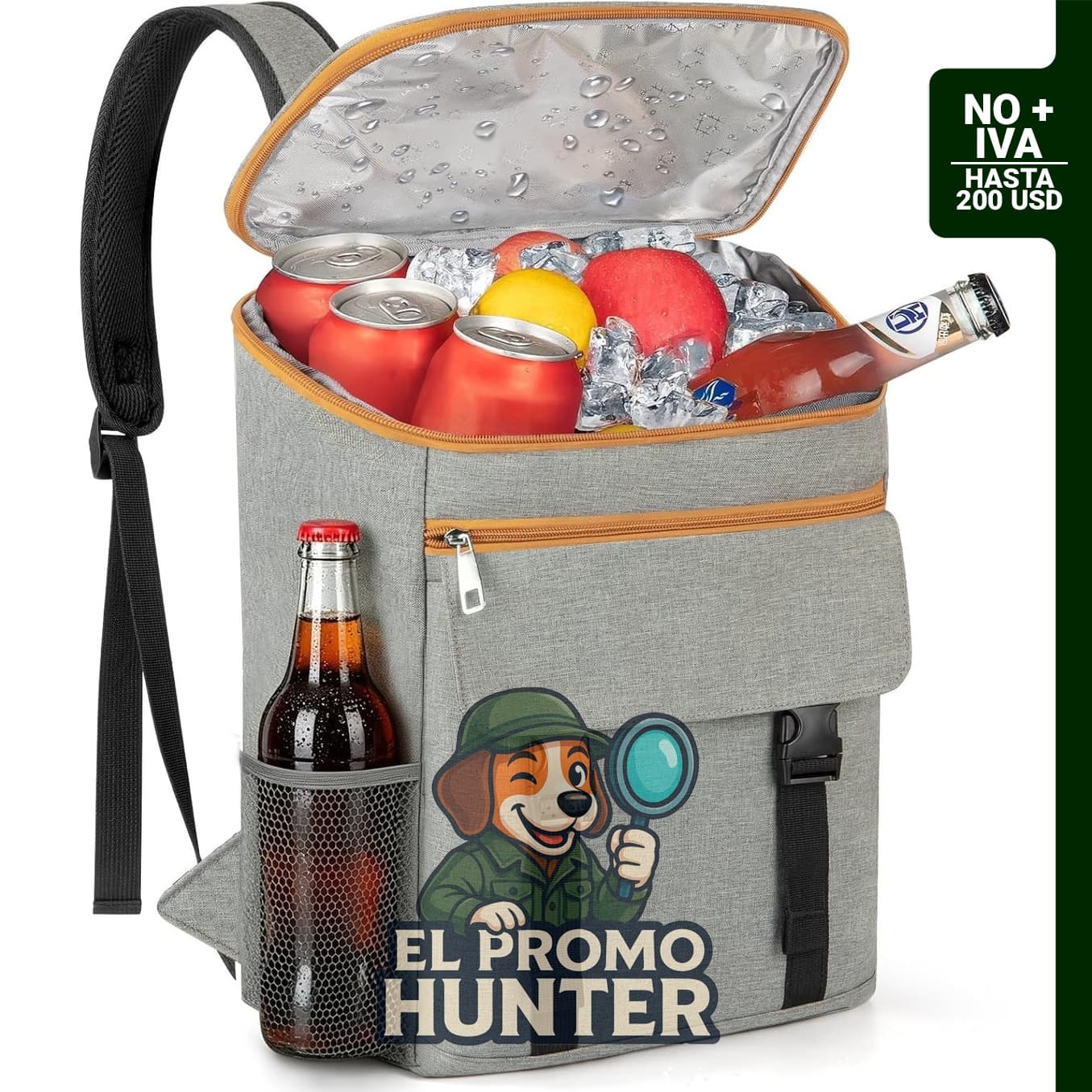 Mochila enfriadora de 30 latas, diseñada para mantener la temperatura de bebidas.