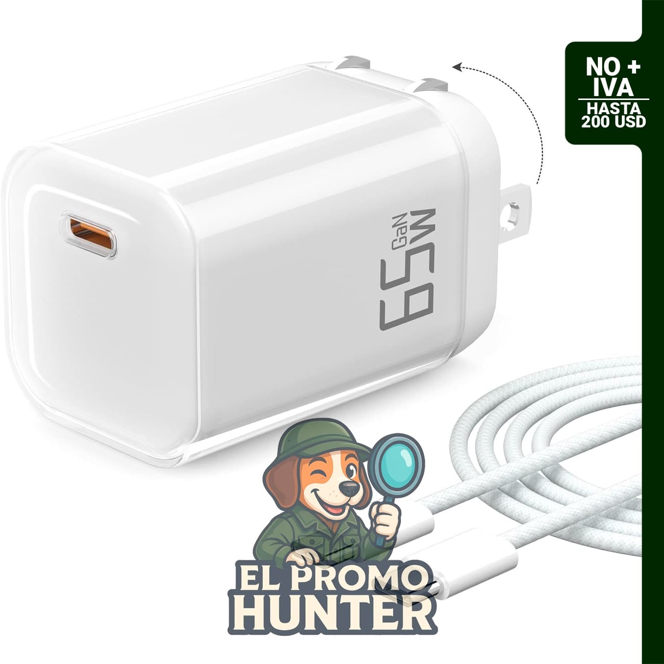 Cargador YISH USB C de 65 W, plegable, con cable de 3.3 pies, compatible con computadoras portátiles y dispositivos USB C.