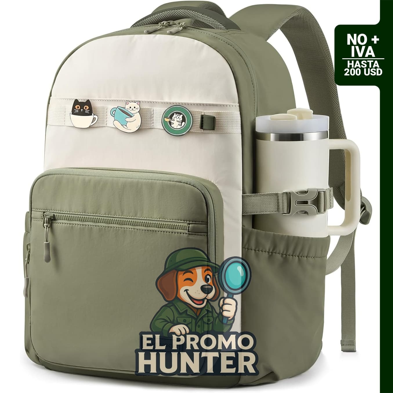LOVEVOOK Mochila para laptop de 15,6" en color Verde/Blanco, con soporte para vasos y diseño ligero.