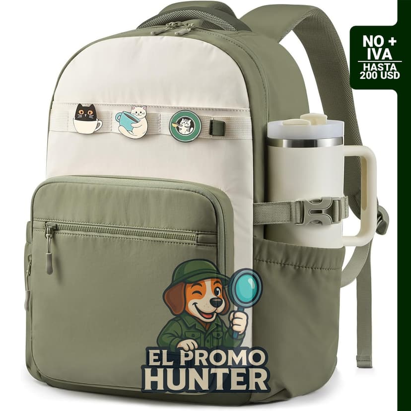 LOVEVOOK Mochila para laptop de 15,6" en color Verde/Blanco, con soporte para vasos y diseño ligero.