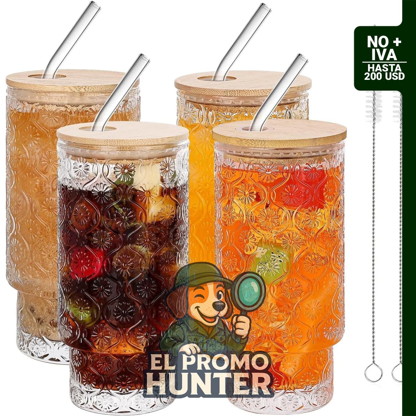 Vasos de vidrio vintage de 16 oz con tapas y pajitas de bambú, diseño en relieve floral, paquete de 4.