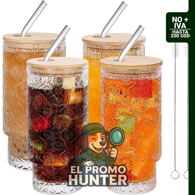 Vasos de vidrio vintage de 16 oz con tapas y pajitas de bambú, diseño en relieve floral, paquete de 4.