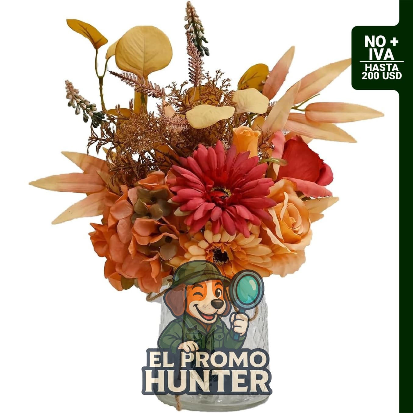 Ramo de flores artificiales de otoño en florero de vidrio, ideal para decoración del hogar.