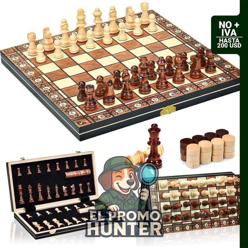 Juego de ajedrez magnético de madera de 15" (38,1 cm) con almacenamiento y 2 reinas adicionales.