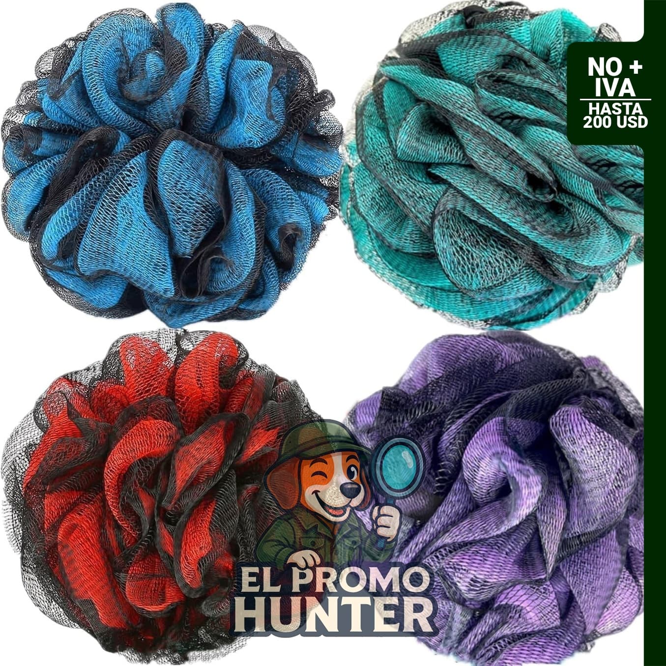 Esponja de ducha en 4 colores, ideal para el cuidado personal y la higiene corporal.